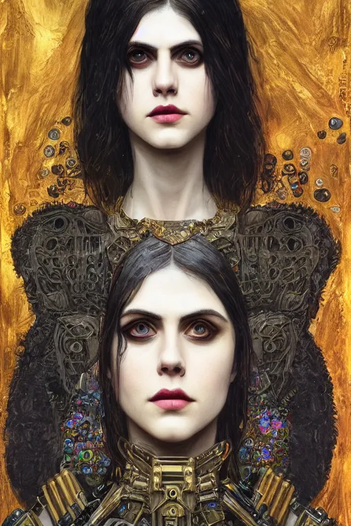 Image similar to portrait of beautiful gothic Alexandra Daddario, cyberpunk, Warhammer, highly detailed, artstation, illustration, art by Gustav Klimt