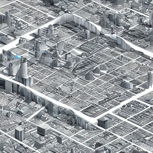 Image similar to blueprint of a city on a map axonometric exploded view, high detail, 8k, photorealistic