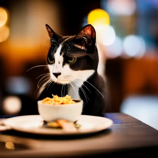 Image similar to A photo of a cat wearing a suit sitting in a fancy and expensive gourmet restaurant and eating a plate of cat food. f/2.8, dim lighting, award winning photo