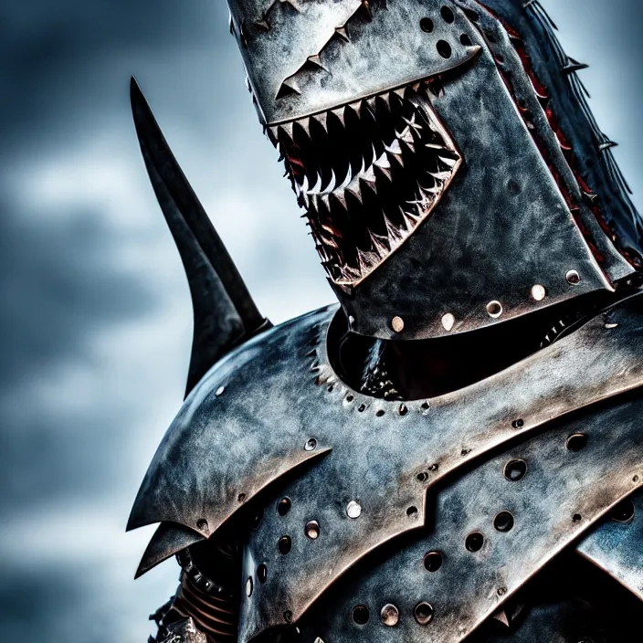 Image similar to photo of a warrior with metal shark themed armour, highly detailed, 4 k, hdr, smooth, sharp focus, high resolution, award - winning photo