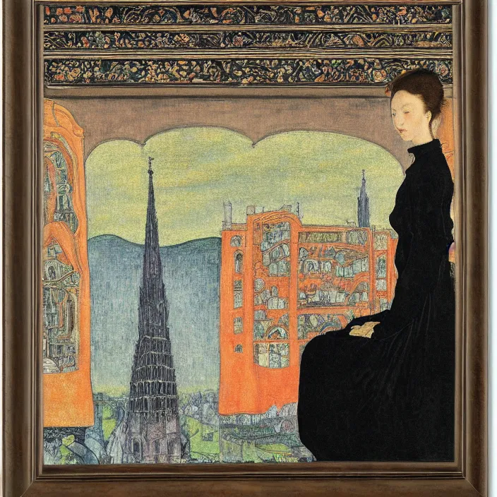 Image similar to close portrait of woman in night gown with cat, with city with gothic cathedral seen from a window frame with curtains. sunset. lucas cranach, bonnard, henri de toulouse - lautrec, utamaro