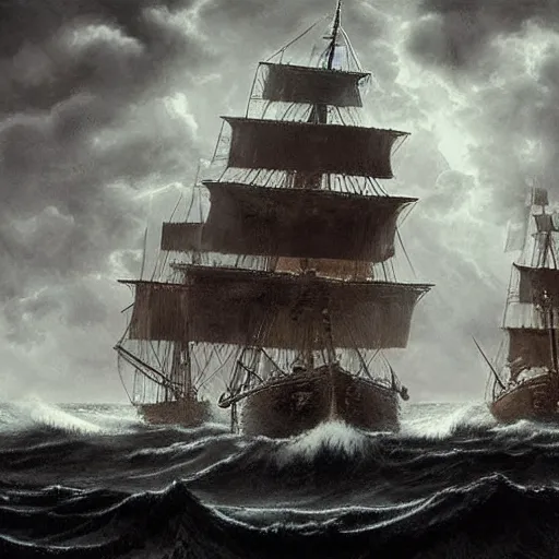 Prompt: lot of pirate ships fighting a big cthulu monste during a stormy night, rule of thirds, nestor canavarro hyperrealist, sharp outlines, cinematic style, lot of foam