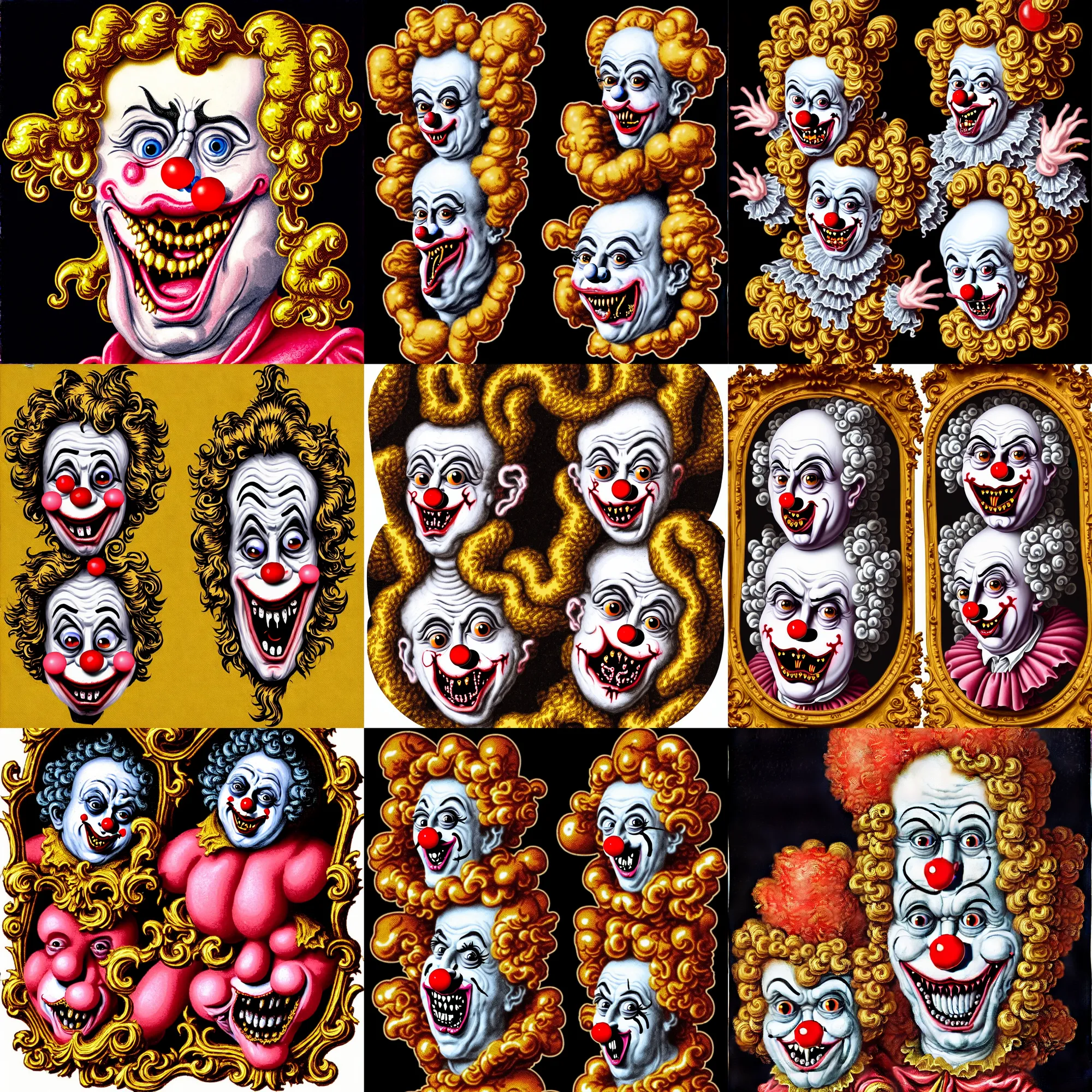 Prompt: a wonderful highly detailed ornate rococo reaction emoji of a cute clown vampire in the style of francis bacon