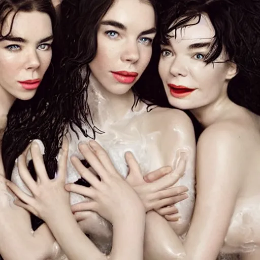 Image similar to stunning vogue magazine photo of dark - haired goddesses vanessa kirby, hailee steinfeld, and bjork smiling, legs intertwined, in a bubble bath, with wet faces!!, wet lips, smooth skin, perfect eyes, insanely detailed, elegant, by wlop, rutkowski, livia prima, mucha, wlop,