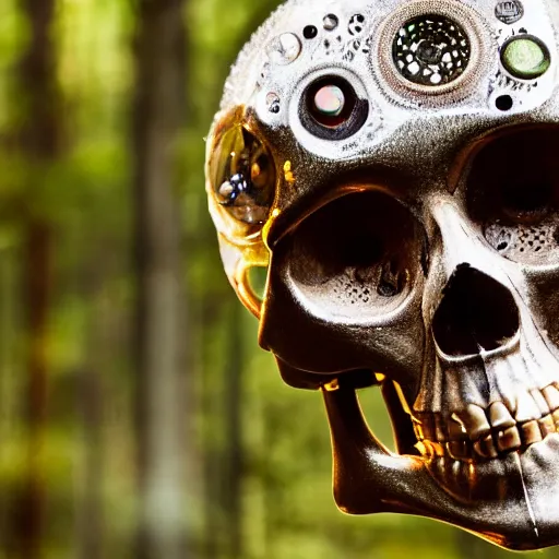 Prompt: very detailed portrait 55mm photo of a mechanical skeleton with crystal innards and optic fiber nerves, gears in his head and cybernetic enhancements in it's skull. In the forest with bokeh.