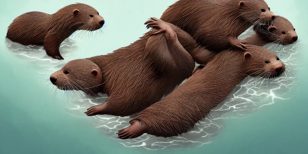 Image similar to illustration hyper detailed cute otters holding hands in a huge storm cinematic dreamlike trending on artstation masterpiece