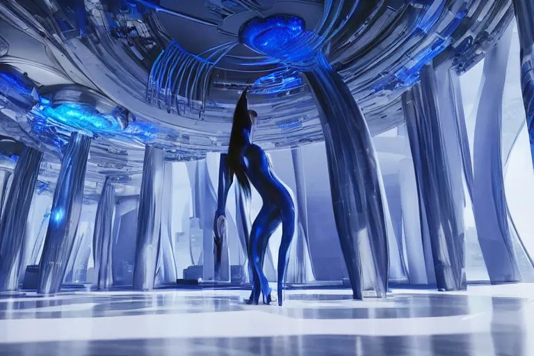 Image similar to vfx movie scene closeup of beautiful blue skin alien woman dancing in sleek futuristic decadent spaceship pillars, futuristic ballroom. giant windows view of earth obit. by emmanuel lubezki