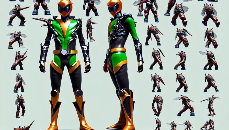 Prompt: concept art sprite sheet of kamen rider, big belt, human structure bee concept art, hero action pose, human anatomy, intricate detail, hyperrealistic art and illustration by irakli nadar and alexandre ferra, unreal 5 engine highlly render, global illumination