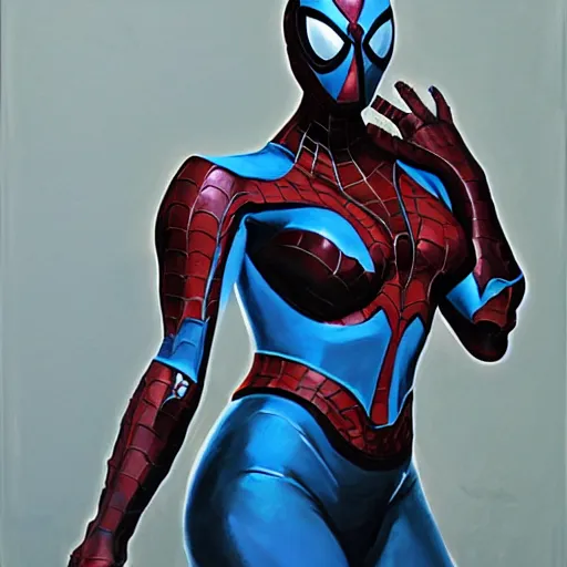 Image similar to greg manchess portrait painting of partially armored female iron spiderman as overwatch character, medium shot, asymmetrical, profile picture, organic painting, sunny day, matte painting, bold shapes, hard edges, street art, trending on artstation, by huang guangjian, gil elvgren, ruan jia, greg rutkowski, gaston bussiere