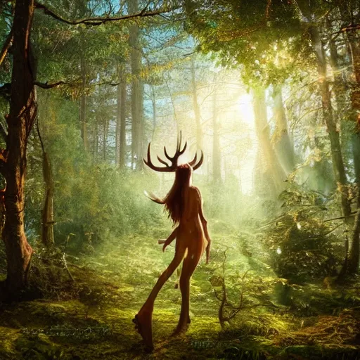 Image similar to photography of an hyper realistic elven, celestial highly detailed stag, in a magical highly detailed forest background. sunlight rays throught the trees. concept art 8 k rendering.