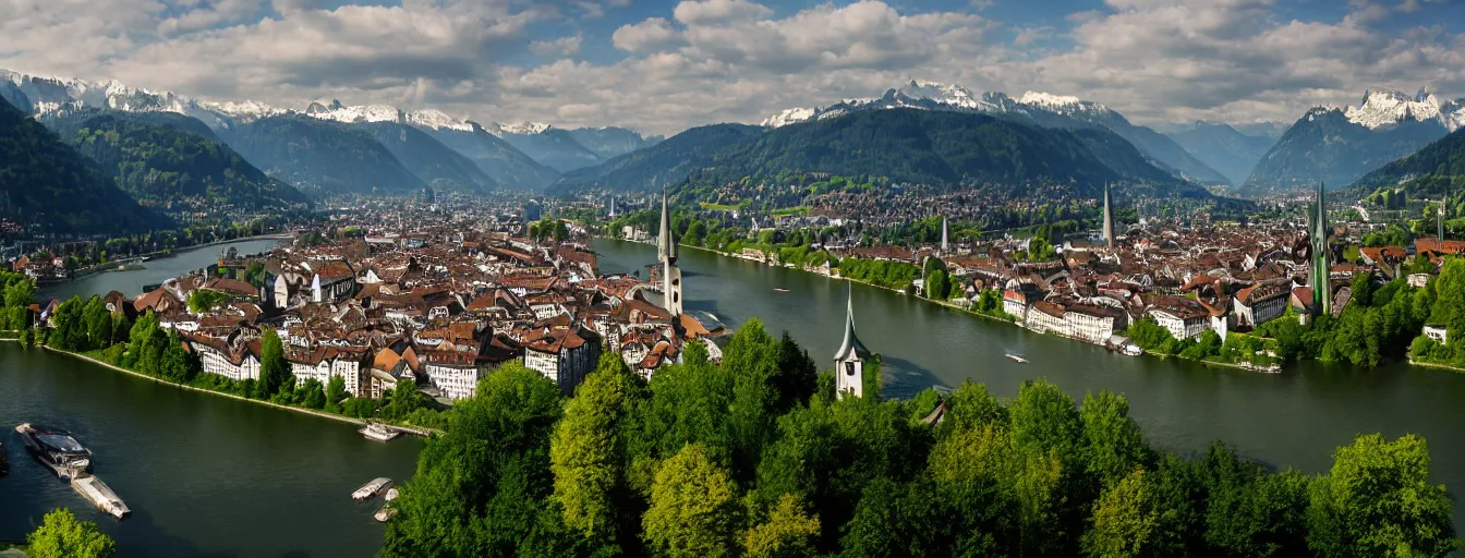 Image similar to Photo of Zurich, looking down the river at the lake and the alps, Hardturm, Grossmünster, wide angle, trees, volumetric light, hyperdetailed, green water, artstation, cgsociety, 8k