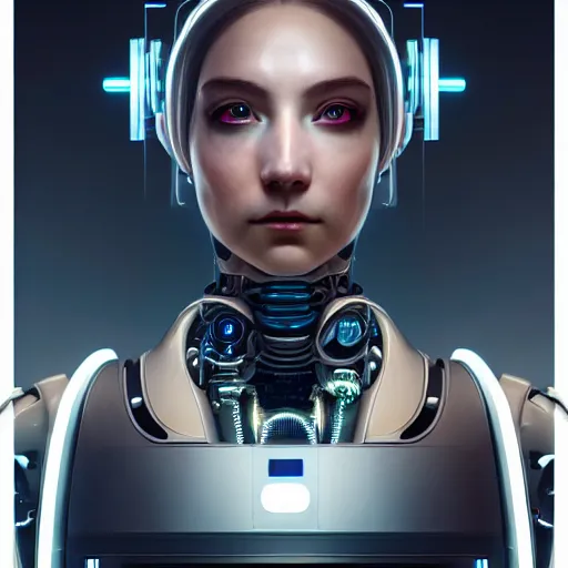 Image similar to ultra detailed, Perfectly-Centered Portrait of a Mechanical Cyberpunk Female Android, looking into the camera, intricate, elegant, super highly detailed, professional digital painting, artstation, concept art, smooth, sharp focus, no blur, no dof, extreme illustration, Unreal Engine 5, Photorealism, 8k, cinematic, art by artgerm and greg rutkowski and alphonse mucha and loish and WLOP