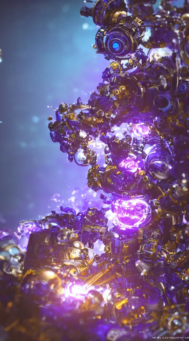 Image similar to toy mechanical monster, hyper detailed, sharp focus, bokeh, unreal engine, ray tracing, cute, fantasy, sci fi, purple flowers, blue flowers, violet flowers, glowing flowers, tiny, small, hyper realistic, sky