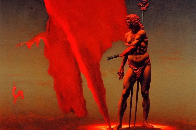 Image similar to only with red, a red melted apollo with a laurel wreath and a flaming sword announce the win, atene in the background, in the style of beksinski, part by hopper, part by rodcenko, part by hofbauer, intricate composition, red by caravaggio, insanely quality, highly detailed, masterpiece, red light, artstation