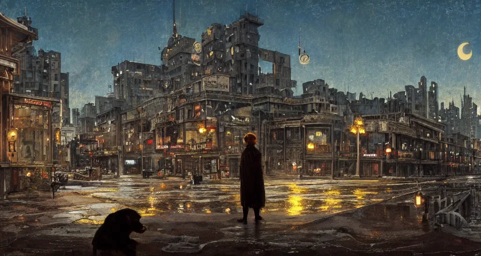 Image similar to a detailed illustration of a lonely sad dog against the background of a ravaged city and a dark moonlit sky, artstation, by Norman Rockwell, Art Nouveau, sophisticated, Unreal engine, dystopia, anti-utopia, post processing, nostalgic melancholic artwork, intricate