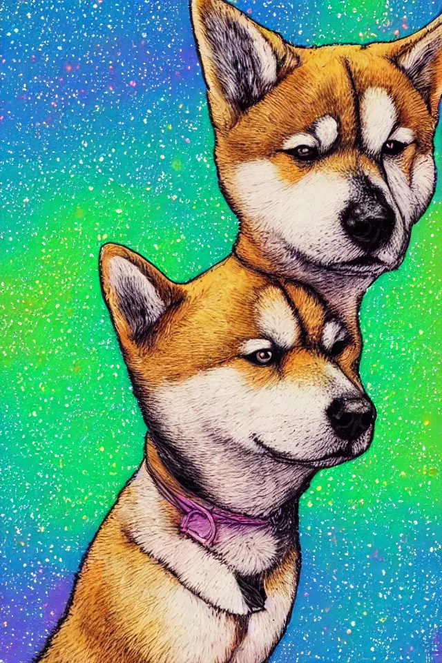 Image similar to a portrait of a shiba inu dog in the neon streets of tokyo, in the style of studio ghibli, artistic, colorful palette, highly detailed
