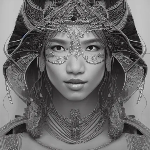 Image similar to Beautiful detailed portrait of an exotic goddess by Nick Silva, Shin JeongHo, Wandah Kurniawan, Symmetrical composition with people centered, realistic proportions, trending on artstation