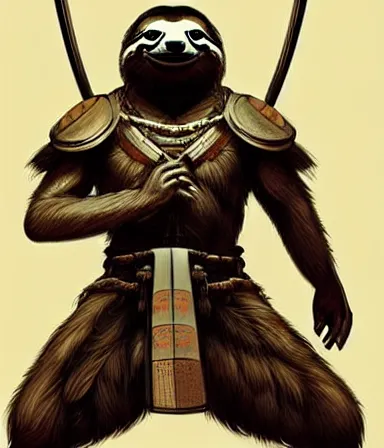 Image similar to graphic, hyperreal illustration of anthropomorphic sloth in traditional samurai armor : : digital art, concept art, character development : : illustrated by artgerm, yoji shinkawa, scott buoncristiano, nychos