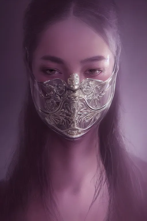 Image similar to A fancy portrait of a women wearing a lower face crystal mask by Greg Rutkowski, beeple, Sung Choi, Mitchell Mohrhauser, Maciej Kuciara, Johnson Ting, Maxim Verehin, Peter Konig, final fantasy, macro lens, 35mm, 8k photorealistic, cinematic lighting, HD, high details, dramatic, dark atmosphere, trending on artstation