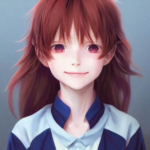 Prompt: An anime portrait of a beautiful happy child girl with straight reddish-brown hair, brown eyes, wearing a shirt, closed-mouth smile, by Stanley Artgerm Lau, WLOP, Rossdraws, James Jean, Andrei Riabovitchev, Marc Simonetti, and Sakimi chan, trending on artstation