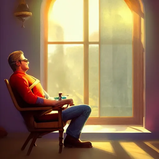 Image similar to mario sitting in a chair in his living room with sunlight pouring in through a window, portrait, fantasy, beautiful face, vivid colors, elegant, concept art, sharp focus, digital art, hyper - realistic, 4 k, unreal engine, highly detailed, hd, dramatic lighting by brom, trending on artstation