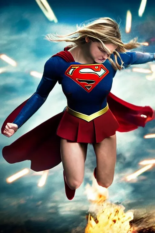 Prompt: a dramatic scene of supergirl leaping onto a tank and smashing it, on a battlefield, smoke, fires, explosions, manga art, close - up, low angle, wide angle, highly detailed