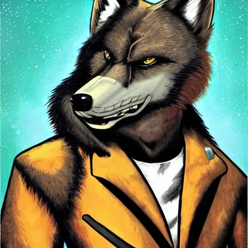 Image similar to beautiful professional art of a portrait an anthropomorphic black male wolf anthro furry fursona, in a 1 9 8 0 s style space mercenary uniform, heroic, art by jack kirby