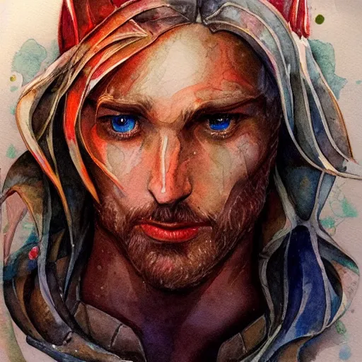 Image similar to water color art on paper, fire elf portrait, highly detailed, award - winning artstation, masterpiece