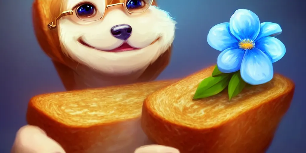 Image similar to epic professional digital art of a cute bread toast smiling wearing 👓 and a blue flower!!!!, best on artstation, cgsociety, much detail, much wow, masterpiece