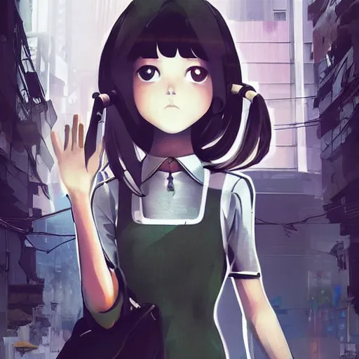 Image similar to Frequency indie album cover, luxury advertisement, white and olive colors. highly detailed post-cyberpunk sci-fi close-up schoolgirl in asian city in style of cytus and deemo, mysterious vibes, by Ilya Kuvshinov, by Greg Tocchini, nier:automata, set in half-life 2, beautiful with eerie vibes, very inspirational, very stylish, with gradients, surrealistic, postapocalyptic vibes, depth of filed, mist, rich cinematic atmosphere, perfect digital art, mystical journey in strange world, beautiful dramatic dark moody tones and studio lighting, shadows, bastion game, arthouse