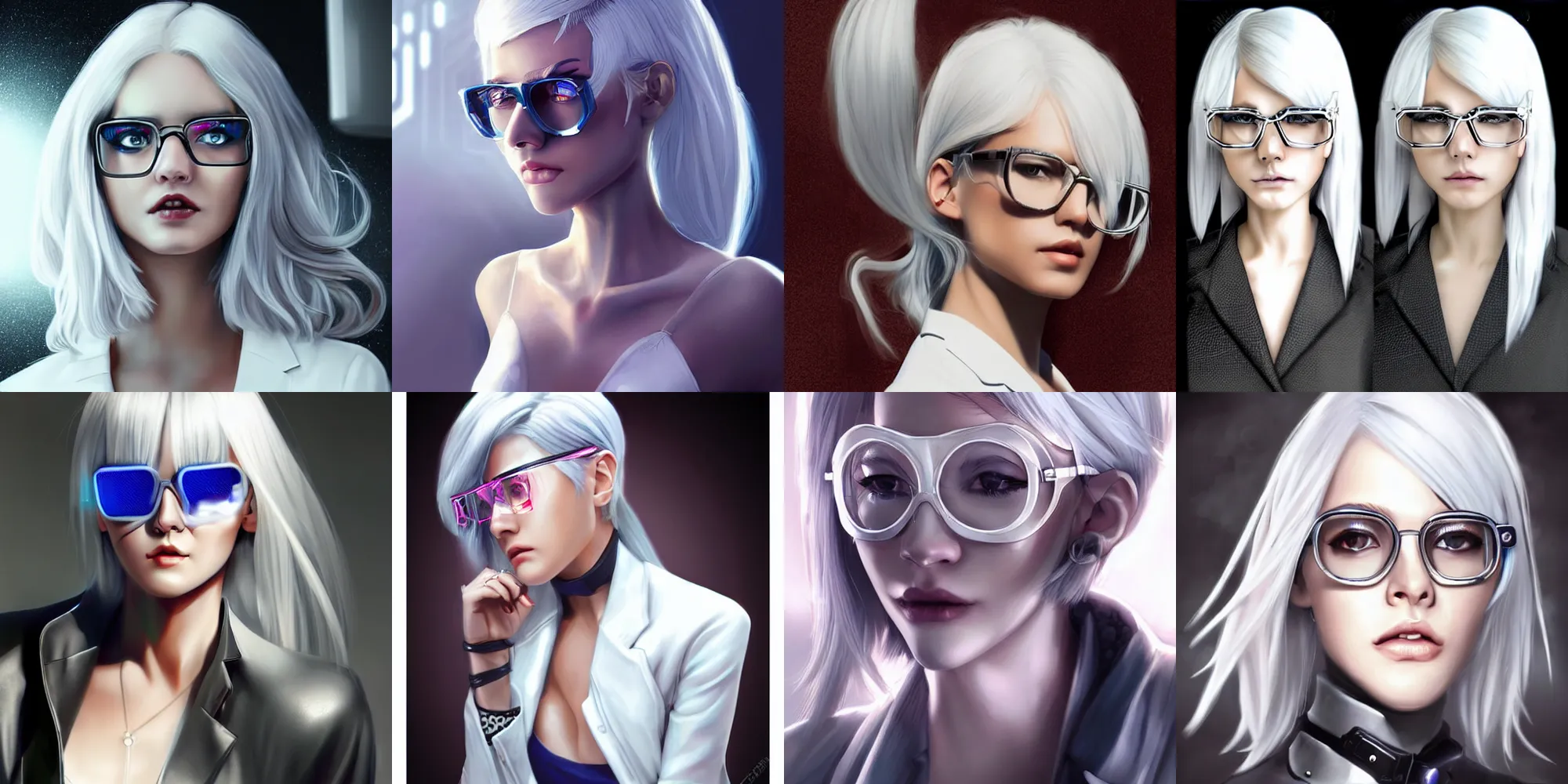 Prompt: a scientist girl with silver hair wearing white suit and glasses, cyberpunk style by artgerm, wlop