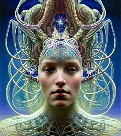 Prompt: detailed realistic beautiful young biopunk queen of andromeda galaxy in full regal attire. face portrait. art nouveau, symbolist, visionary, baroque, giant fractal details. horizontal symmetry by zdzisław beksinski, iris van herpen, raymond swanland and alphonse mucha. highly detailed, hyper - real, beautiful