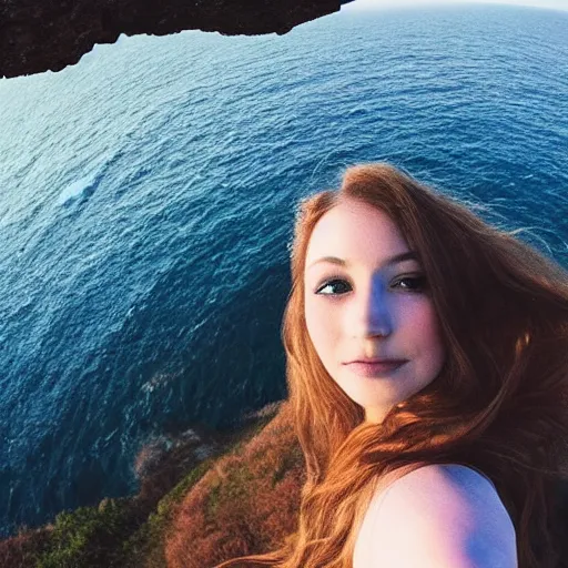 Image similar to Selfie of a beautiful woman with gorgeous flowy hair, standing over a cliff, beautiful volumetric lighting, subsurface scattering!!!!!!, (((((vivid))))) atmosphere, radiant sunshine, trending on artstation, 4k, 8k, artstation portrait imagery, fisheye!!!!! lens, instagram!!!!! selfie!!!!!