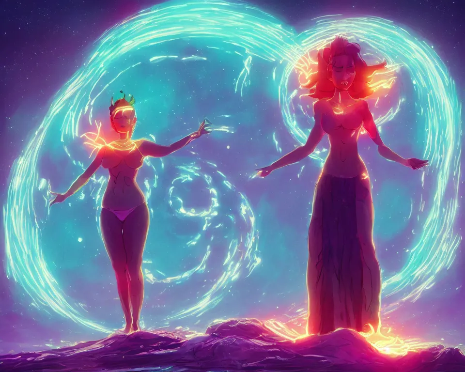 Prompt: a beautiful whimsical goddess standing on a lake basking in the moonlight, firebending, underneath a multi-colored binary blackhole with an accretion disc, glowing trails following her arms, wearing professional makeup, synthwave, by Lois van Baarle, by Greg Rutkowski, by artgerm, by beeple, by studio ghibli, cinematic angle, volumetric lighting, 4k resolution, octane render, trending on artstation, masterpiece