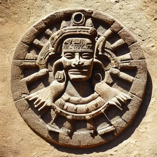 Prompt: a decorative stone stargate depicting aztec gods. Aztec artifact by Pacal Votan. 4K high quality museum collection photograph