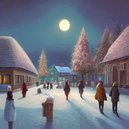 Image similar to winter town centre inspired by Evgeny Lushpin, Peter Zumthor,bus,people walking winter sunset,full moon,p