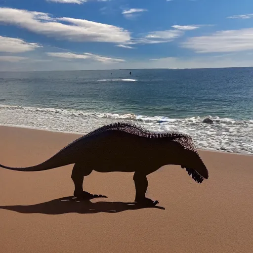 Prompt: photo of a trex made out of sand at the beach