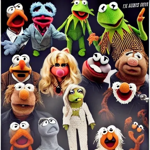 Prompt: the cast of the muppets in the style of h. r. giger