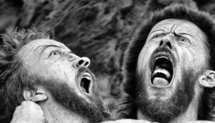 Image similar to 1 9 6 0 s movie still close up of marcus aurelius screaming frozen to death on a river shore with gravel, frozen hair, pine forests, cinestill 8 0 0 t 3 5 mm b & w, high quality, heavy grain, high detail, texture, dramatic light, anamorphic, hyperrealistic, detailed hair foggy