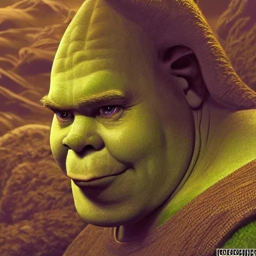 Image similar to photorealistic shrek in the style of michael whelan and gustave dore. hyperdetailed photorealism, 1 0 8 megapixels, fully clothed, lunar themed attire, amazing depth, glowing rich colors, powerful imagery, psychedelic overtones, 3 d finalrender, 3 d shading, cinematic lighting, artstation concept art