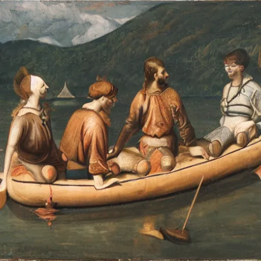 Image similar to four people on a wooden raft