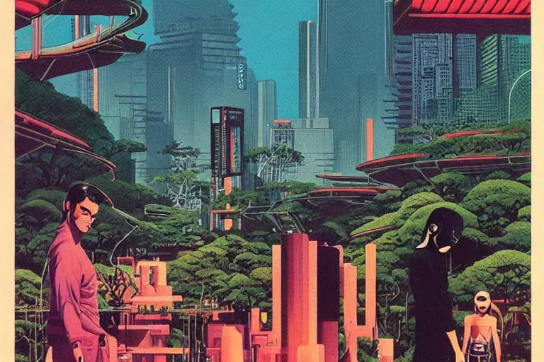 Image similar to 1 9 7 9 omni cover of a lush gated park in the middle of neo - tokyo. art in cyberpunk style by dali, and vincent di fate