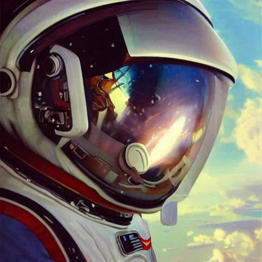 Image similar to a close up painting of an astronaut floating in space. his helmet visor is dark and reflective. you can see the reflection of the photographer in his helmet visor. by artgerm and greg rutkowski and alphonse mucha