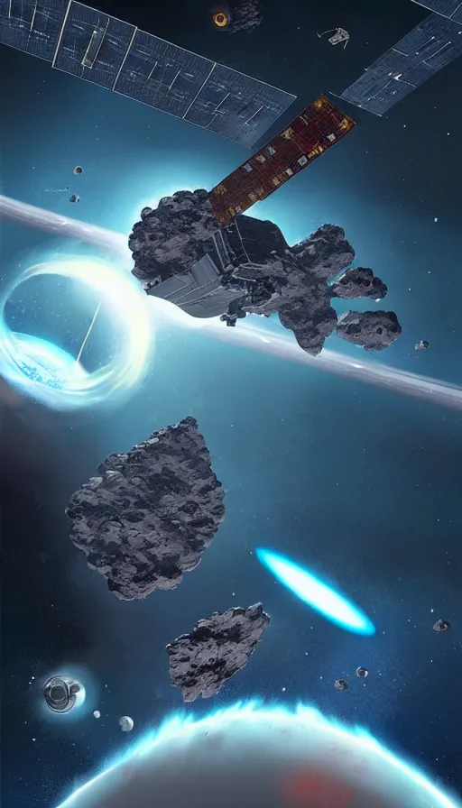 Image similar to Sci-fi illustration of a asteroid crushing space station by Pascal Blanché