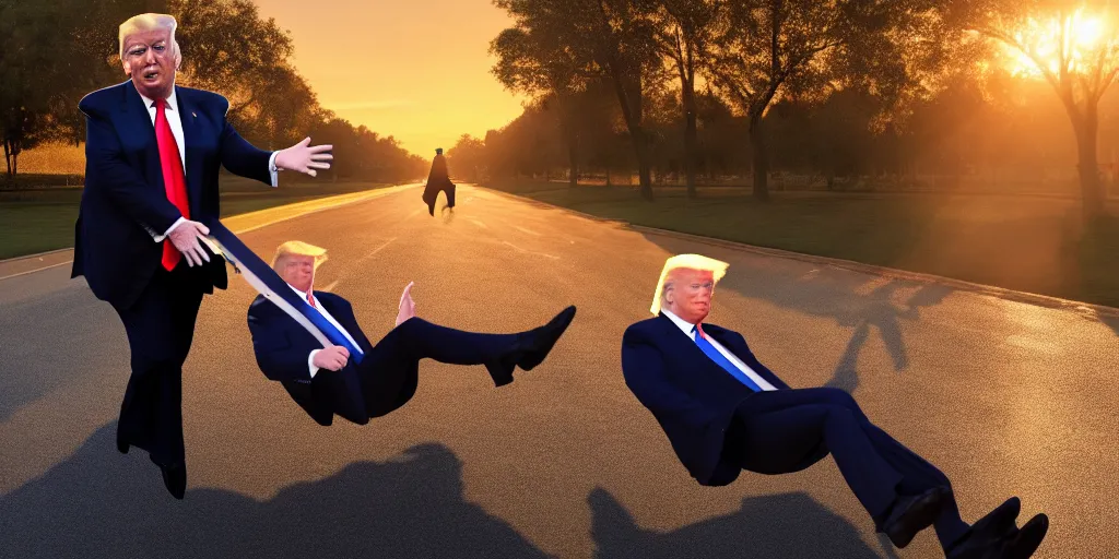 Image similar to Donald trump falls off of a trolly, caught in 4K, golden hour