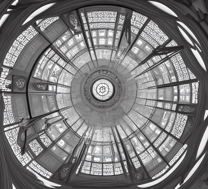 Prompt: looking up into interior of art nouveau architecture tower inspired by interior of cappella della sacra sindone + tiny angel floating in center + otto wagner + volumetric light + highly detailed + hyperrealism + a sense of awe + octane render + unreal engine + cinematic + epic + deep depth of field + dutch angle + one - point perspective + 8 k