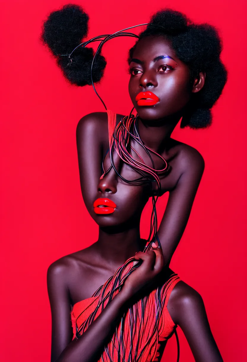 Image similar to medium shot, photograph of alluring dark skin young woman looking into camera, red lipstick, hundreds of cables and wires tightly wrapped around face and body, sharp focus,, chromatic abberations, as fashion editorial 90s, kodak ektachrome