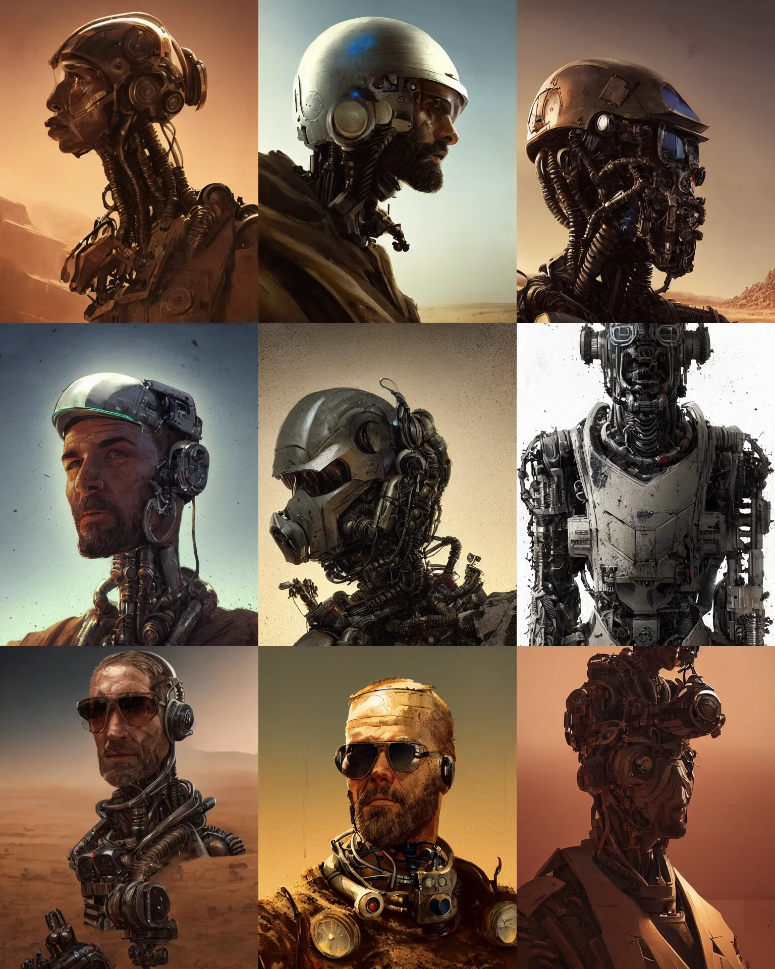 Image similar to a rugged engineer man with cybernetic enhancements lost in the desert, scifi character portrait by greg rutkowski, esuthio, craig mullins, 1 / 4 headshot, cinematic lighting, dystopian scifi gear, gloomy, profile picture, mechanical, half robot, implants, steampunk