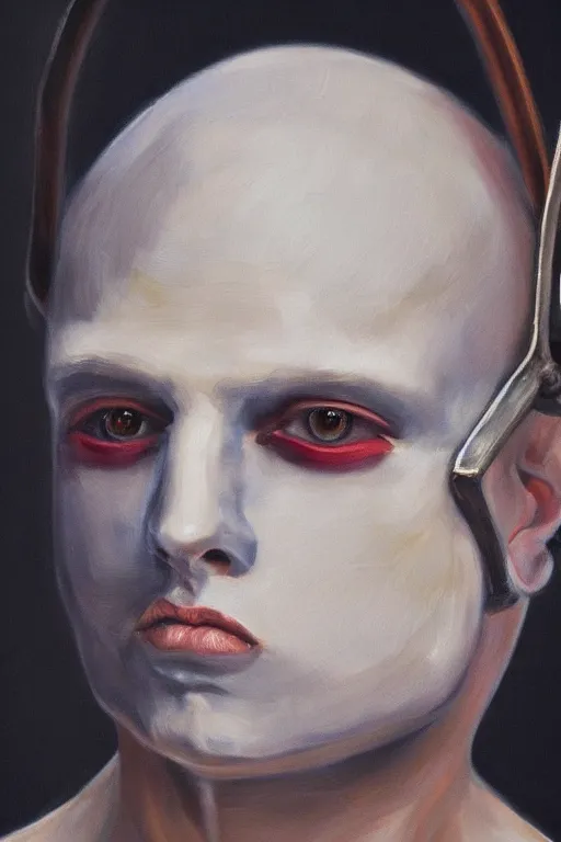 Image similar to hyperrealism oil painting, close - up portrait of albino medieval fashion model, knight, steel gradient mixed with nebula sky, in style of baroque