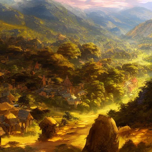 Image similar to panorama of a valley filled with a forest and a village, medieval, fantasy, oil painting, by makoto shinkai